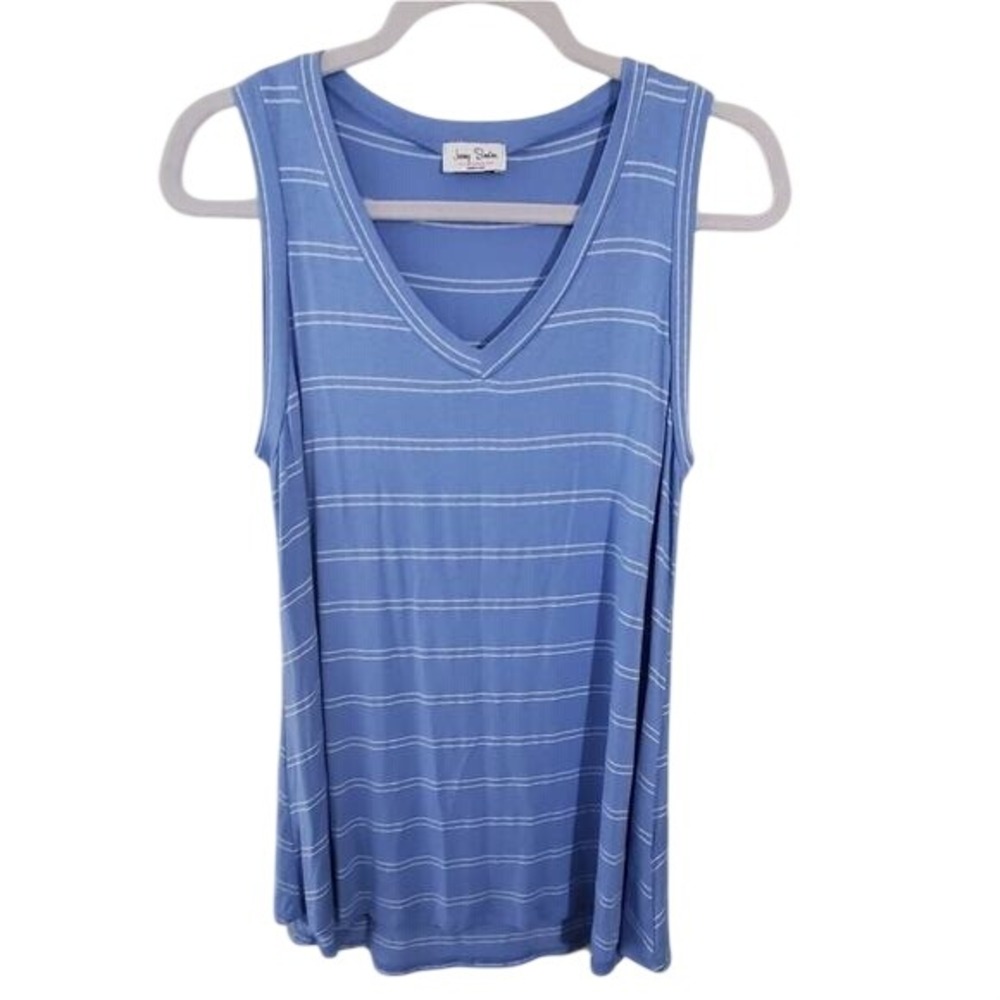 Jenny Boston Blue White Striped V-Neck Tank Top Sleeveless T1003 Made in USA M